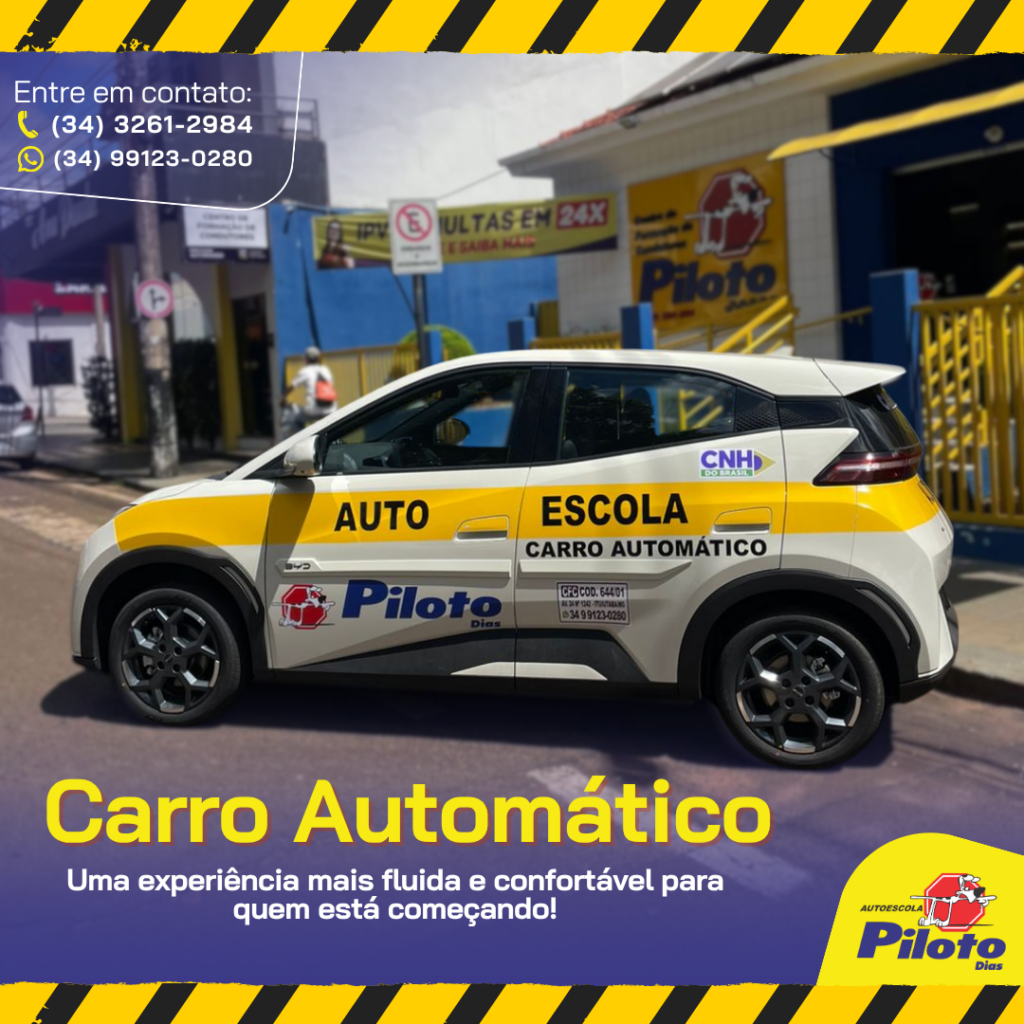 Carro automático O carro automático traz uma experiência mais fluida e confortável para quem está começando, ajudando o aluno a evoluir com mais naturalidade ao longo das aulas.