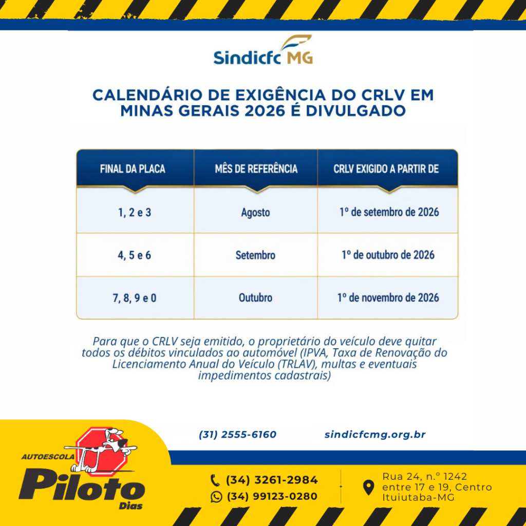 Calendário CRLV 2026 Atenção, motorista! O calendário de exigência do CRLV 2026 em Minas Gerais já foi divulgado.