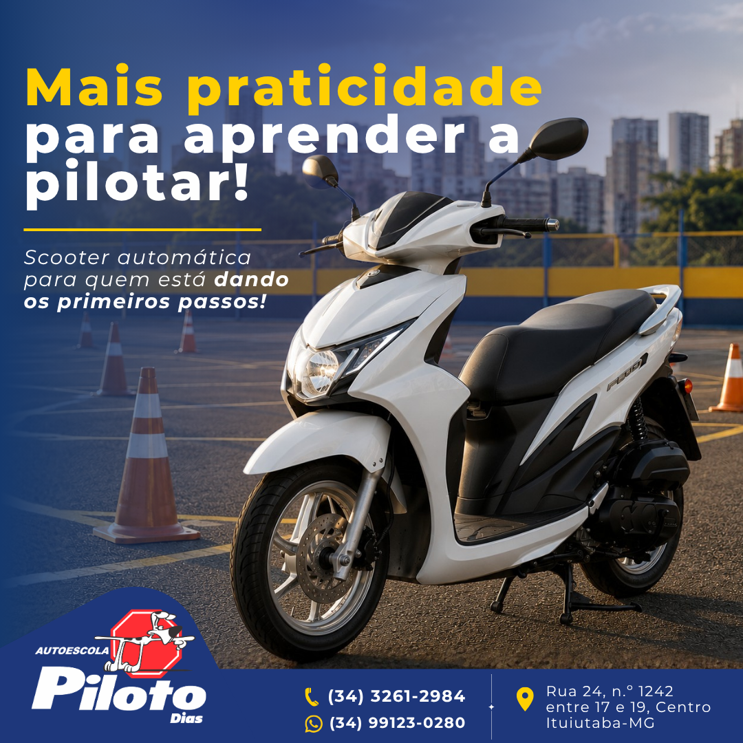 Scooter. A scooter automática da Autoescola Piloto traz uma experiência mais simples e confortável para quem está começando a pilotar. Quer começar sua CNH de moto?