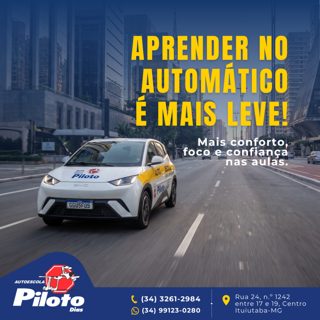 Carro automático. Com o carro automático da Autoescola Piloto, o aluno tem uma experiência mais prática, moderna e confortável durante as aulas.